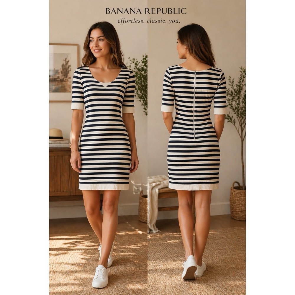 Sm Banana Republic Striped Dress Navy Taupe Short Sleeve Knit Zip Back Casual